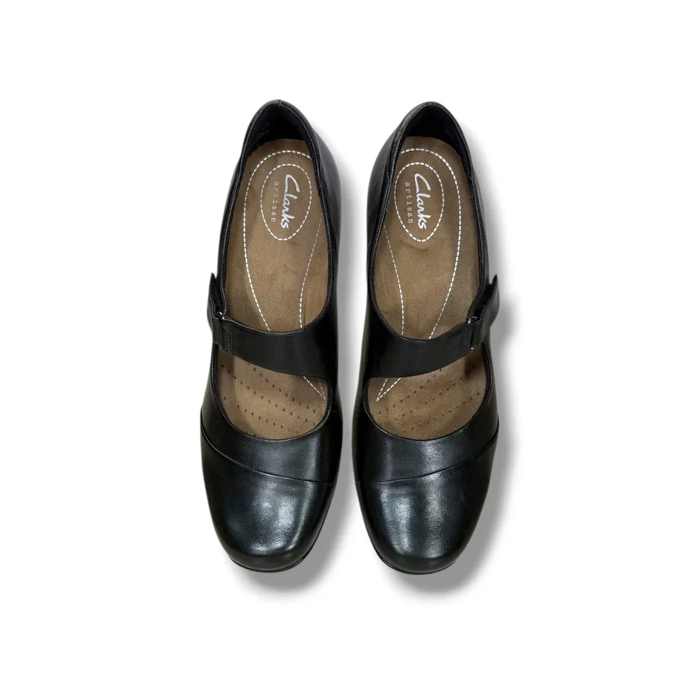 Clarks Artisan Sugar Palm Black Leather Mary Jane Block Heel Pumps 9.5W 26102221